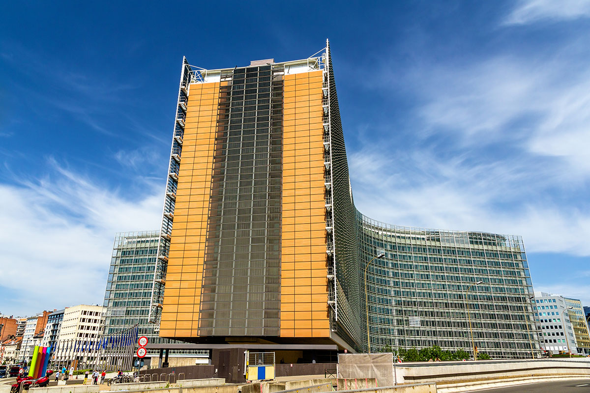 The Berlaymont building, headquarters of the European Commission in Brussels, under a blue sky